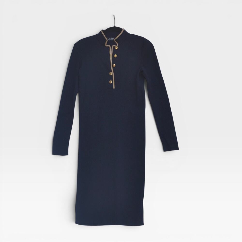 Ralph Lauren Navy with Gold Midi Knit Dress/Elegant Chic - Size Small